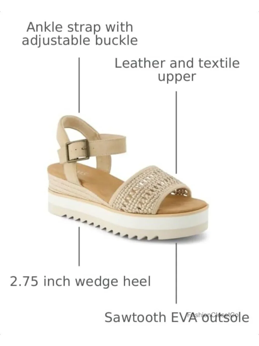 Wedge Heel Espadrille Sandal with Leather Upper and Adjustable Buckle Strap